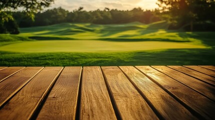 Capturing the essence of a tranquil moment with a wooden table overlooking a beautifully blurred golf course.