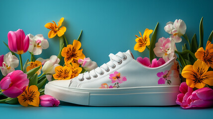 Stylish Floral Sneakers with Spring Flowers on Blue Background