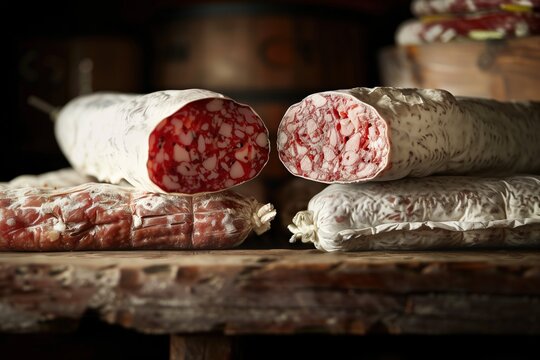 Photo image of salami, capocollo and salsicce siche on a wooden board.