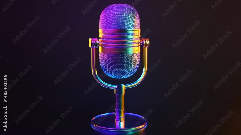 Poster a microphone with a colorful design is lit up against a dark background