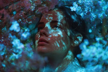 A woman's face submerged in a vibrant floral setting.