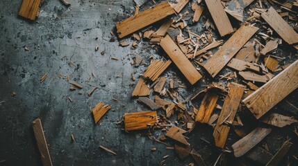 Wood shavings scattered on a dark surface after woodworking project completion