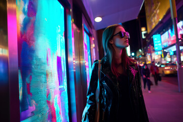 Stylish woman in sunglasses walking through a neon lit city street at night