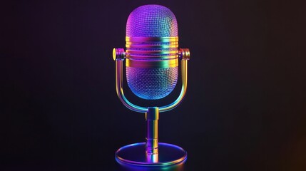 A microphone with a colorful design is lit up against a dark background