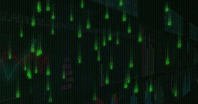 3D render binary code streaming through digital interface, revealing chart bars and grid lines
