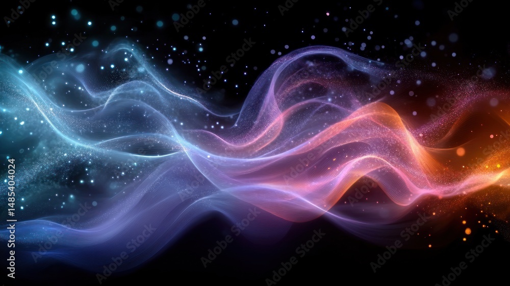 Poster abstract flowing waves of light particles in blue, purple, and orange colors creating a dynamic and 
