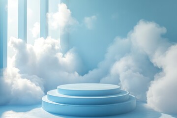 Light blue pedestal in a room surrounded by fluffy clouds