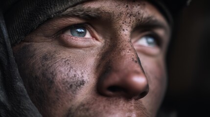Obraz premium A rugged face is closely focused on, revealing determination and grit, telling tales of hard work and resilience.