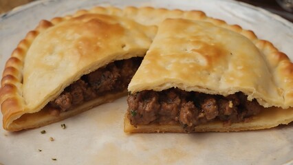 Freshly baked meat pie sliced in half