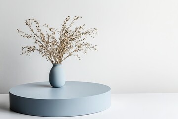 Light grey vase with dried grasses on a light blue pedestal