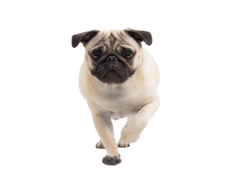 Pug walking forward with front legs extended on transparent background