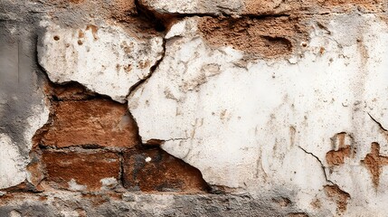 Obraz premium A weathered brick wall with peeling plaster reveals aged brickwork and textured surface imperfections showing decay and time.