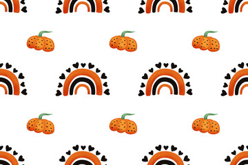 Colorful Halloween seamless pattern featuring pumpkins and rainbows with hearts