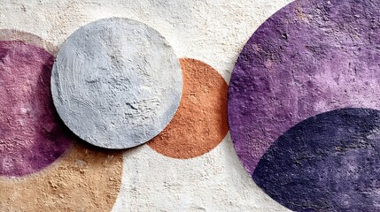 Abstract textured circles in muted purple gray and orange tones overlap on a mottled white background creating a modern artistic design.