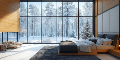 Winter Wonderland Bedroom: Wake up to breathtaking winter views from this luxurious bedroom, featuring floor-to-ceiling windows showcasing a snow-covered forest.