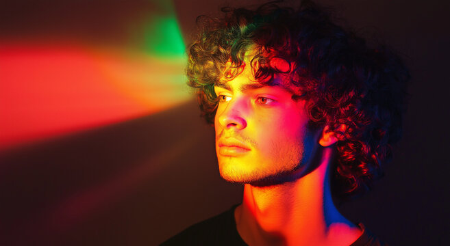 Retrato de um jovem com cabelos cacheados iluminado por um holofote colorido