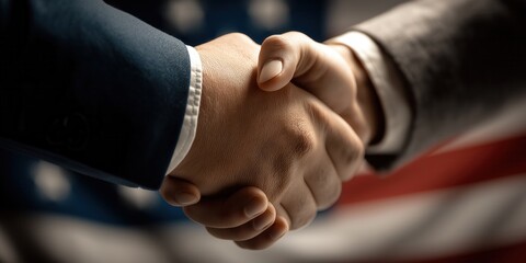 Handshake on the background of USA flag. Two men wearing business suits shaking their hands with a flag of United States on a background.