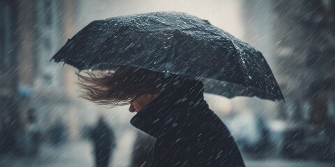 Person wearing raincoat withstanding strong wind and heavy rain in a city street. Extreme weather conditions.