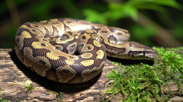 Ball Python Curled on Mossy Log &ndash; Sunlit Scales & Dappled Forest Shadows