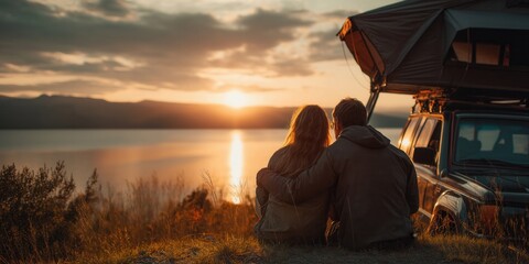 Young couple enjoying sunset over the lake, their car with a tent on top parked near them.