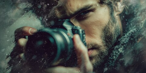 A man holding a camera in a winter scene.