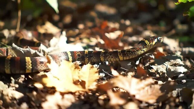Vibrant Coral Snake Slithering Through Fallen Leaves &ndash; Sunlit Stripes on Lush Forest Floor