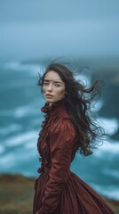 Woman in vintage gown by turbulent sea.