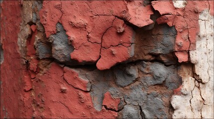 Fototapeta premium A detailed close-up reveals cracked and peeling red and gray paint on a weathered surface texture.