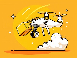 White Drone Delivering Yellow Package Over Orange Background Pixel Art Illustration