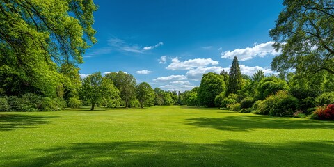 Sunny day in a green park. A serene view of a lush green park under a clear blue sky, evoking feelings of peace and nature's tranquility. Perfect for spring or summer backgrounds