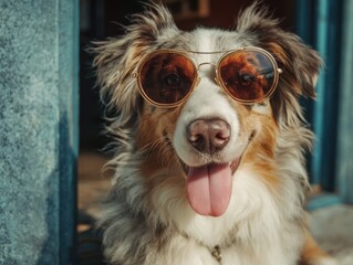 Playful dog wearing sunglasses, outdoor portrait.