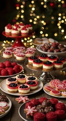Christmas dessert table with cheesecakes, cookies, and truffles