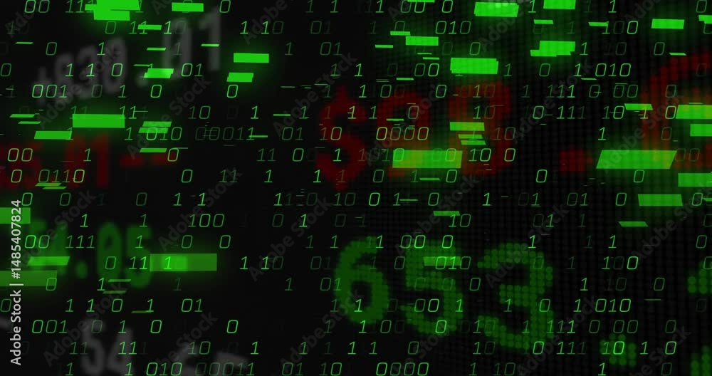 Poster binary digits floating across dark pixel grid, showing glitch bars, red percentages and decimals