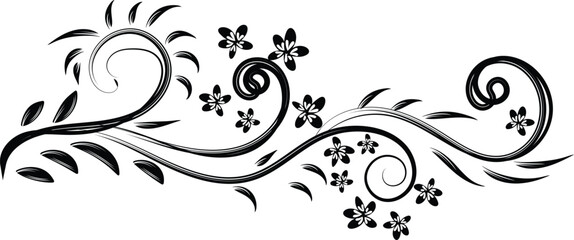 Elegant Black Floral Design Element with Swirls and Leaves