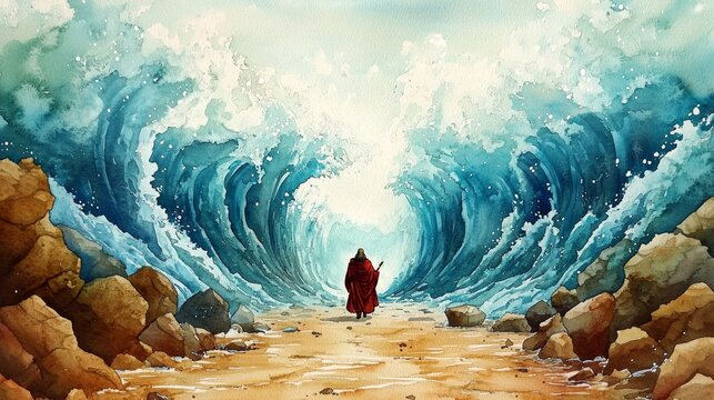 A stunning watercolor depiction of Moses parting the Red Sea.