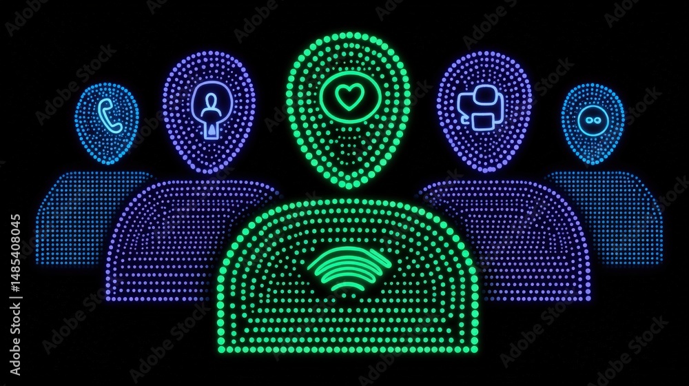 Poster engaging digital connection represented through illuminated avatars showcasing various emotions and 