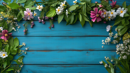 Floral Frame on Blue Wooden Background – Summer Nature Composition