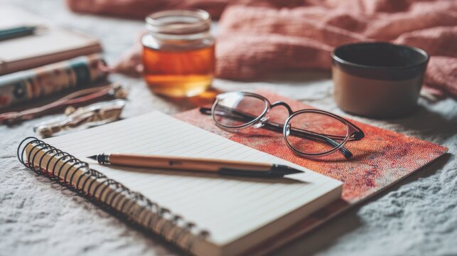 A cozy arrangement of a notebook, glasses, and a cup of tea on a bedspread, creating a warm, inviting space for writing and relaxation.