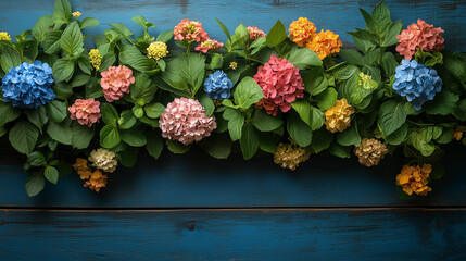 Floral Frame on Blue Wooden Background – Summer Nature Composition
