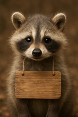 Obraz premium Adorable raccoon with wooden sign.