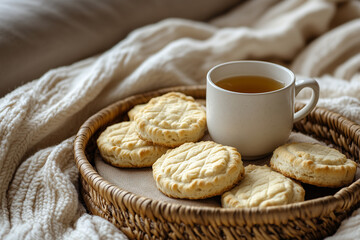 Cookies and tea: A close-up shot captures a serene moment of cozy comfort. A charming assortment of golden cookies on a wicker tray beside a cup of tea. a cozy scene for an evocative mood.
