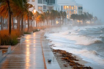 Obraz premium Coastal Storm Fury: Dramatic capture of a coastal storm's raw power, with wind-whipped waves crashing against a beachfront promenade, showcasing nature's untamed beauty and force.