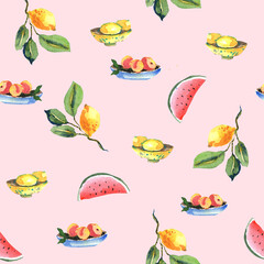 Tropical fruit watercolor summer seamless pattern, digital paper. Watermelon, pineapple, lemon, papaya, cherry, dragon fruit, peach. Stock illustration