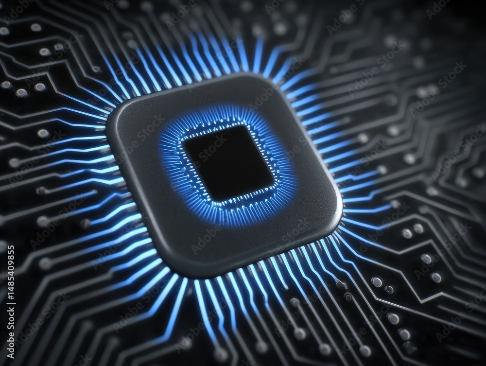 Poster close-up of a futuristic microprocessor embedded in dark machinery with glowing blue circuitry showc