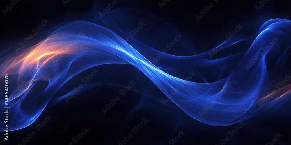 Poster abstract flowing smooth wave shapes in glowing blue and orange colors on a dark background creating 