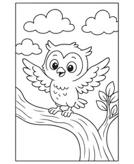 Coloring book owl with outstretched wings perches on a tree branch under fluffy clouds