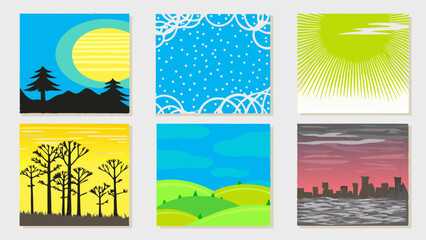 Collection of six square paintings featuring landscapes, patterns, and cityscapes in varied styles and colors