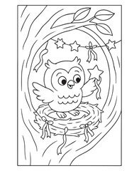 Coloring book owl decorates its nest in a tree hollow with stars and ribbons