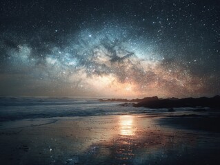 Celestial panorama over a tranquil ocean shore.