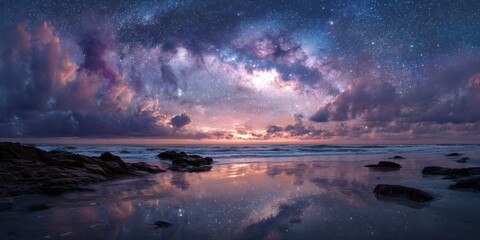 A breathtaking coastal scene under a starry sky.